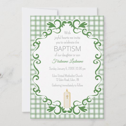 Invitation 019 Forest Scroll Gingham Cross Candle Baptism (Devant)