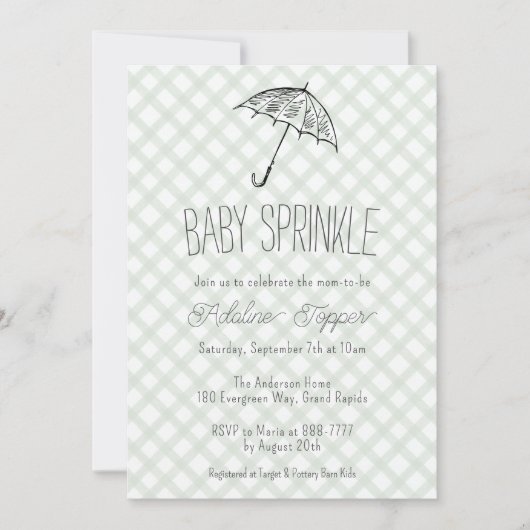 Invitation 019 Vert forêt Parapluie Gingham Bébé Sprinkle (Devant)