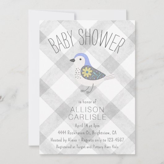 Invitation 020 Brouillard Gris Fleurs Mignon Oiseau Gingham B (Devant)
