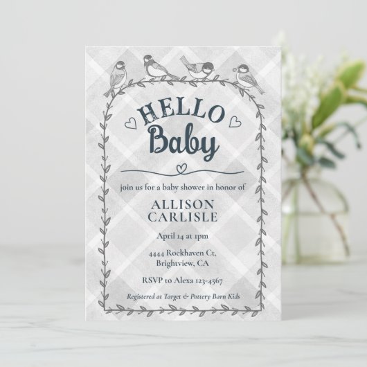 Invitation 020 Brouillard Gris Gingham Oiseaux Baby Shower (Debout devant)