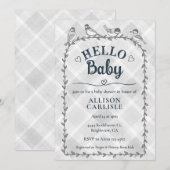 Invitation 020 Brouillard Gris Gingham Oiseaux Baby Shower (Devant / Derrière)