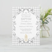 Invitation 020 Fog Gray Scroll Gingham Cross Candle Baptism (Debout devant)
