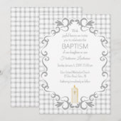 Invitation 020 Fog Gray Scroll Gingham Cross Candle Baptism (Devant / Derrière)