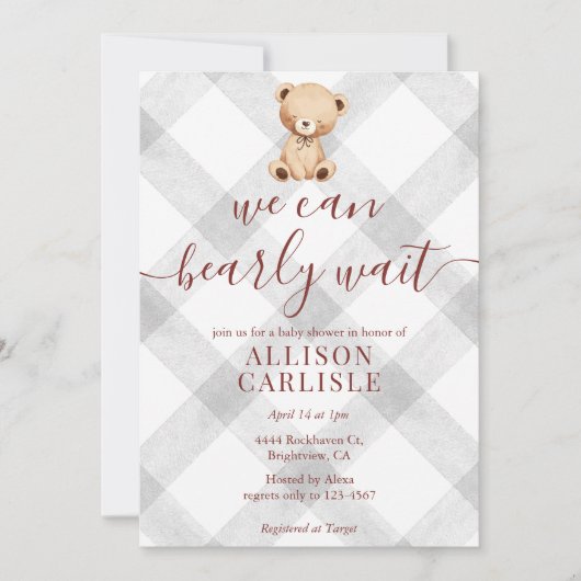 Invitation 020 Fog Grey Teddy Bear Gingham Baby Shower (Devant)