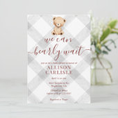 Invitation 020 Fog Grey Teddy Bear Gingham Baby Shower (Debout devant)