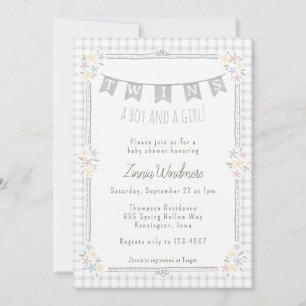 Invitation 020 Gingham Gris Fumé Floral Jumelles Baby Shower
