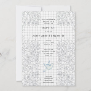 Invitation 020 Gris Fumé Colombe Botanique Croix Gingham Bapt