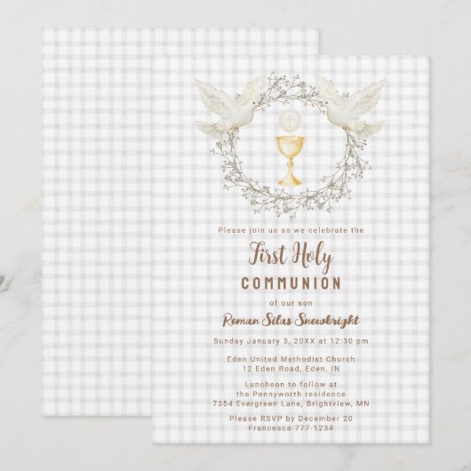 Invitation 020 Gris Fumé Colombe & Chalice Gingham 1ère Commu (Devant / Derrière)