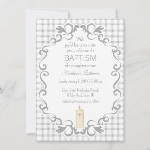 Invitation 020 Gris Fumé Gingham Croix Bougie Baptême