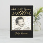 Invitation 100 Anniversaire Elegant Photo Or et Noir (Debout devant)