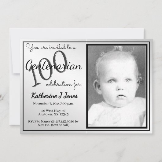 Invitation 100 Anniversaire fête Noir/Blanc (Devant)