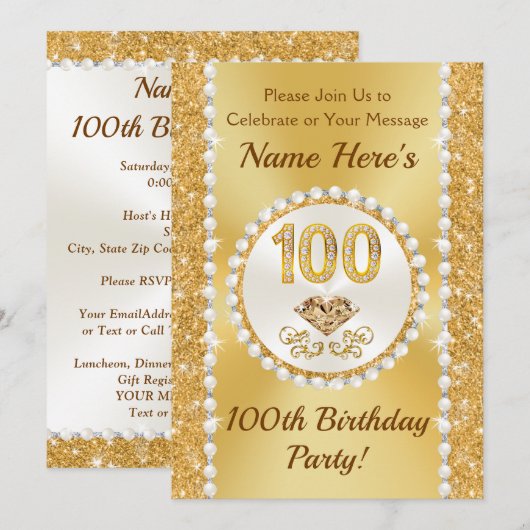 Invitation 100 ans Anniversaire Invitations, Lovely Personnal (Devant / Derrière)