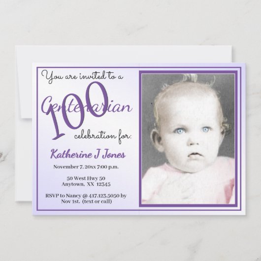 Invitation 100 ans Centenaire Anniversaire fête violet/blanc (Devant)