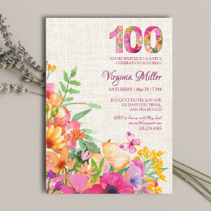 Invitation 100 ans Fleurs lin floral 100e anniversaire