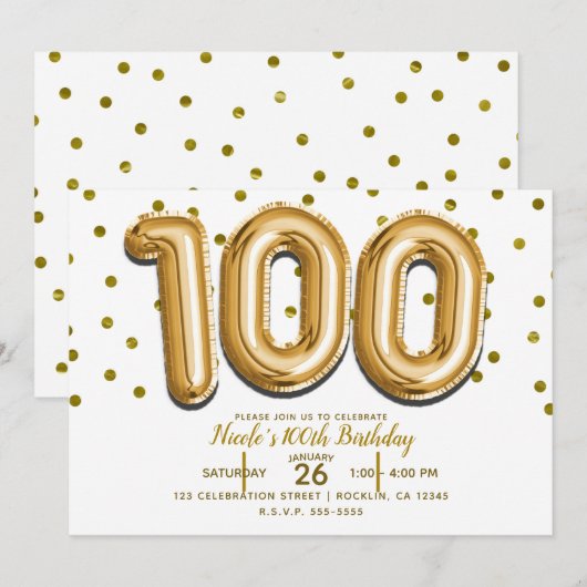 Invitation 100 Ballons Dorés & Confettis Fête d'anniversaire (Devant / Derrière)