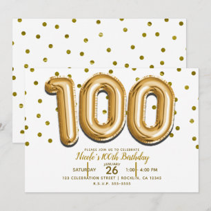 Invitation 100 Ballons Dorés & Confettis Fête d'anniversaire 