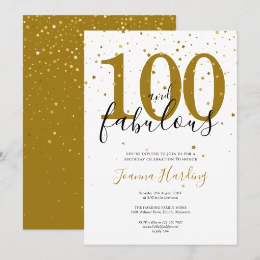 Invitation 100 et fabuleux Elegant Gold et Black Anniversaire (Devant / Derrière)