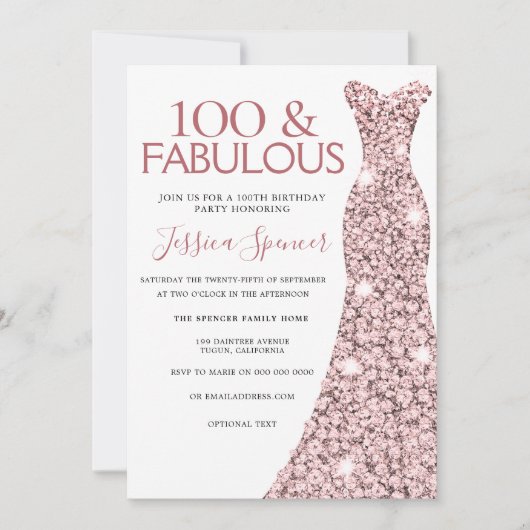 Invitation 100 Fabuleuse robe Rose d'or 100e fête d'anniversa (Devant)