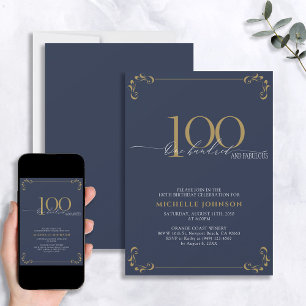 Invitation 100 & Fabuleux Blue & Gold Calligraphy Anniversair