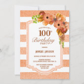 Invitation 100e anniversaire Apricot fêtes florales rayées (Devant)