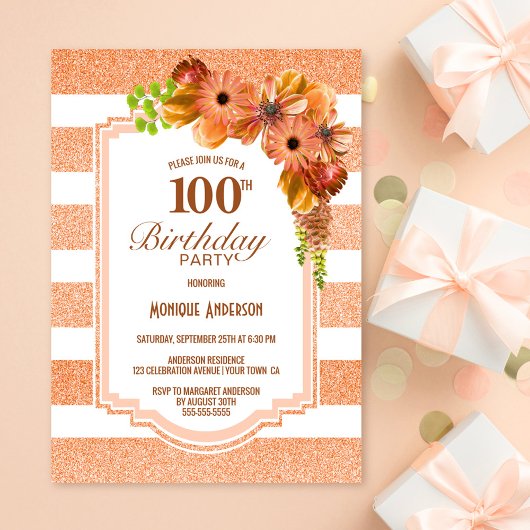 Invitation 100e anniversaire Apricot fêtes florales rayées
