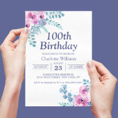 Invitation 100e anniversaire Aquarelle Florale pourpre 100 an