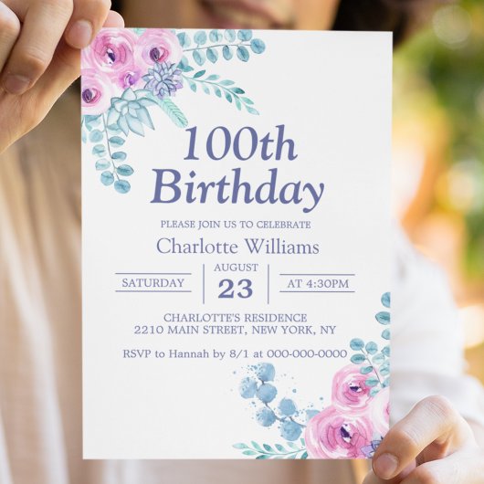 Invitation 100e anniversaire Aquarelle Florale pourpre 100 an