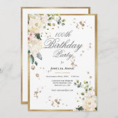 Invitation 100e anniversaire Aquarelle or Floral (Devant / Derrière)