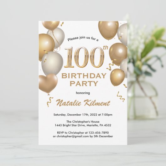 Invitation 100e anniversaire Ballons de Parties scintillant b (Debout devant)