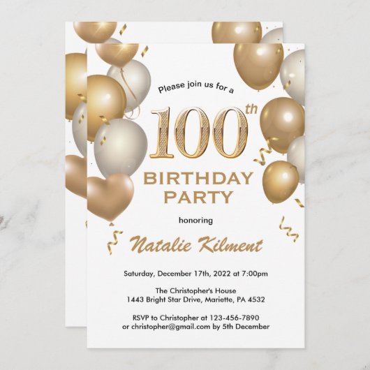 Invitation 100e anniversaire Ballons de Parties scintillant b (Devant / Derrière)