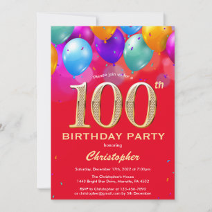 Invitation 100e anniversaire Ballons rouges et dorés
