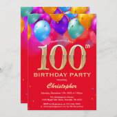 Invitation 100e anniversaire Ballons rouges et dorés (Devant / Derrière)