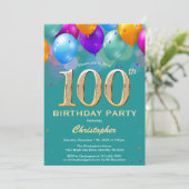 Invitation 100e anniversaire Ballons Turquoises et dorés (Debout devant)