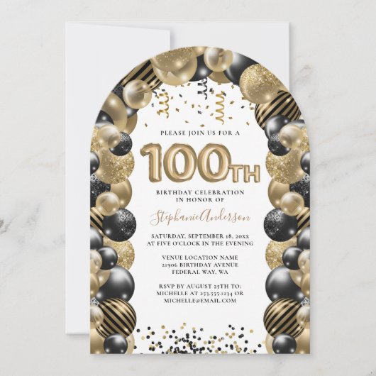 Invitation 100e Anniversaire Balloon Gold Black Sparkle (Devant)