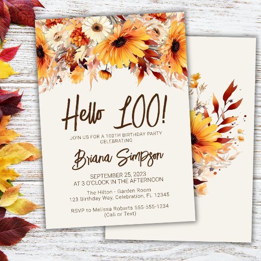 Invitation 100e anniversaire beige automne floral