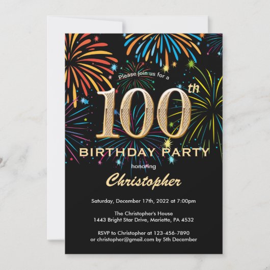 Invitation 100e anniversaire Black and Gold Rainbow Fireworks (Devant)