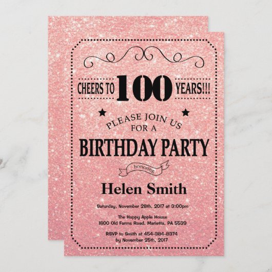 Invitation 100e anniversaire Black and Rose Rose Parties scin (Devant / Derrière)