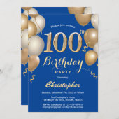 Invitation 100e Anniversaire Bleu et Ballons d'or Confetti (Devant / Derrière)