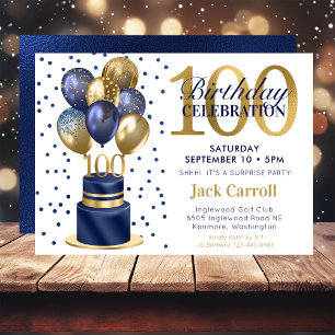 Invitation 100e anniversaire Blue Balloon Cake Surprise