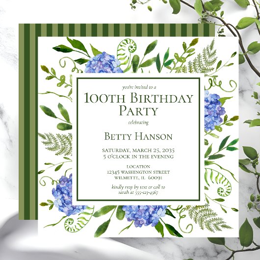 Invitation 100e anniversaire Blue Hydrangeas