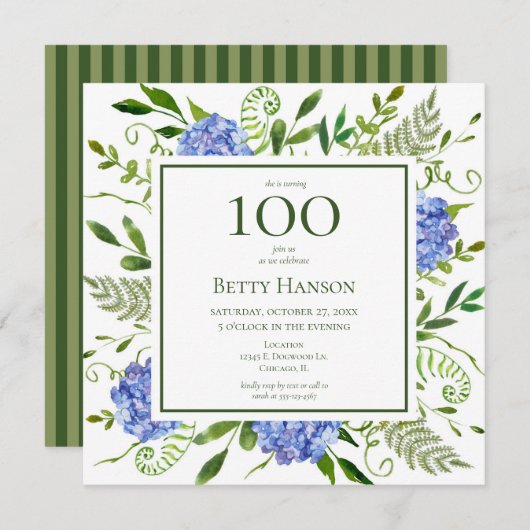 Invitation 100e anniversaire Blue Hydrangeas (Devant / Derrière)