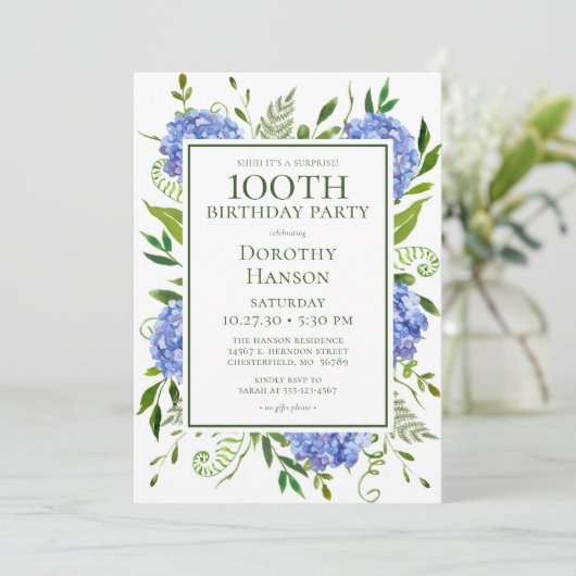 Invitation 100e anniversaire Blue Hydrangeas Surprise Party (Debout devant)