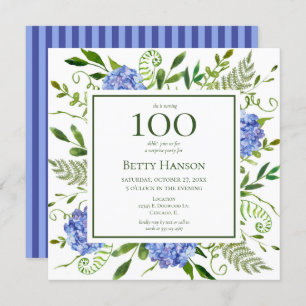Invitation 100e anniversaire Blue Hydrangeas Surprise Party