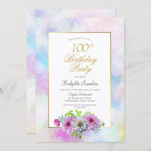 Invitation 100e anniversaire Blue Rose Floral Gold Pastel Bor