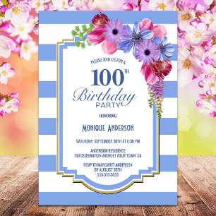 Invitation 100e anniversaire Blue Striped Floral Party