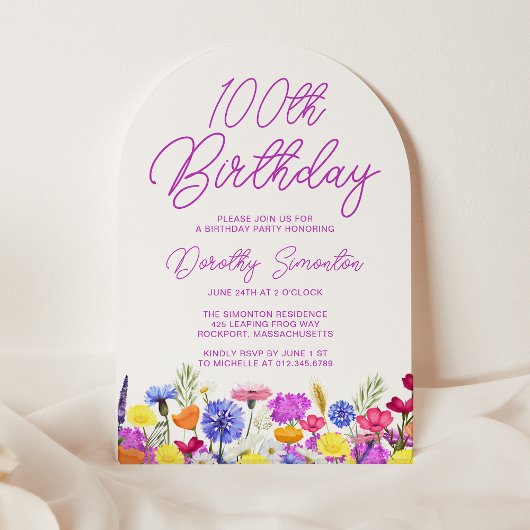 Invitation 100e anniversaire Boho Purple Fleur sauvage Arch