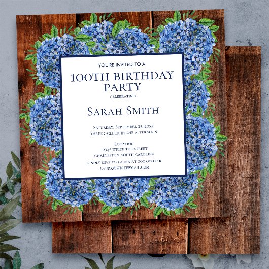 Invitation 100e Anniversaire Bois Bleu Hydrangeas Fête Rustiq