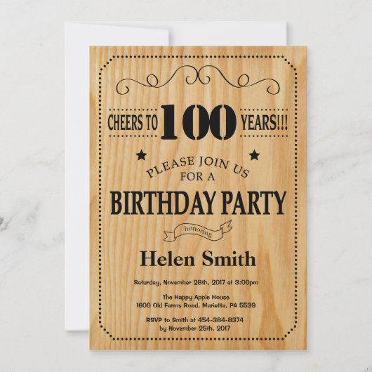 Invitation 100e anniversaire Bois Rustic (Devant)