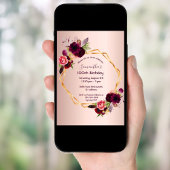 Invitation 100e anniversaire bordeaux floral rose or géométri