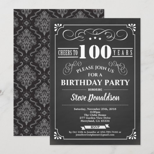 Invitation 100e anniversaire chalkboard rétro vintage (Devant / Derrière)